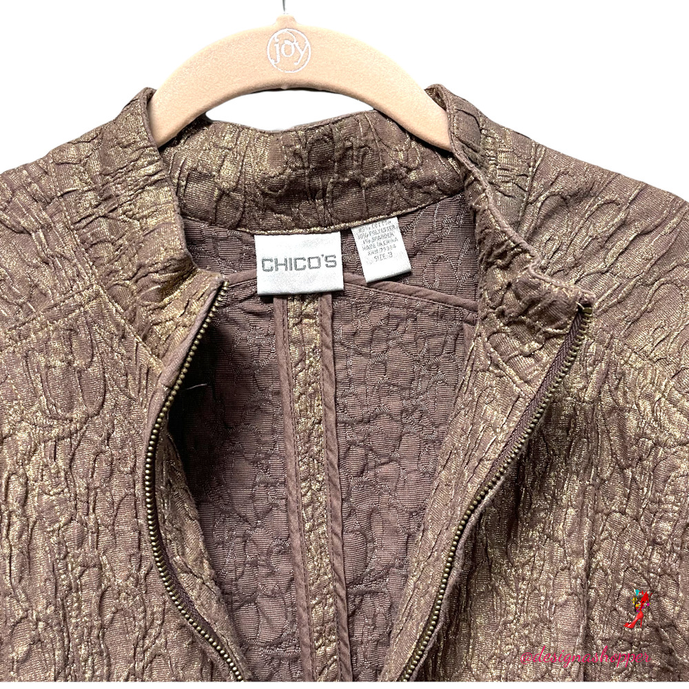 Chico’s Unique Textured Brown Golden Copper Shimmer Lightweight Jacket LG